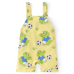 Babyhug 100% Cotton Single Jersey Knit Dino Printed Dungaree and Half Sleeves Striped T-Shirt Set - Blue & Yellow