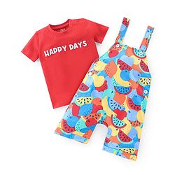 Babyhug Single Jersey Knit Dungarees & Half Sleeves T-Shirt with Watermelon Print - Multicolour