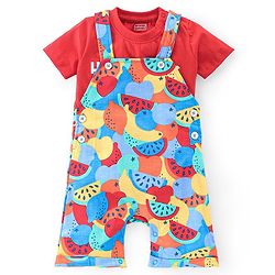 Babyhug Single Jersey Knit Dungarees & Half Sleeves T-Shirt with Watermelon Print - Multicolour