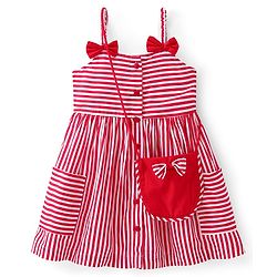 Babyhug Rayon Woven Sleeveless Striped Frock with Sling Bag & Bow Applique - Red