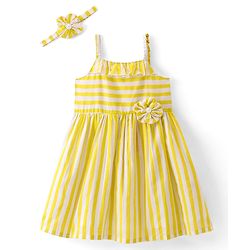 Babyhug Cambric Woven Sleeveless Striped Frock with Floral Applique & Headband -Yellow
