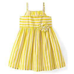 Babyhug Cambric Woven Sleeveless Striped Frock with Floral Applique & Headband -Yellow