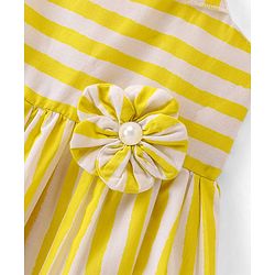 Babyhug Cambric Woven Sleeveless Striped Frock with Floral Applique & Headband -Yellow