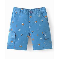 Babyhug Cotton Spandex Above Knee Length Bermuda Ships & Anchor Print - Blue