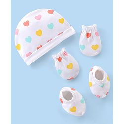 Babyhug 100% Cotton Cap Mittens And Booties Heart Printed - White