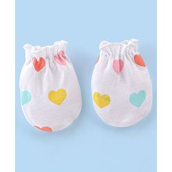 Babyhug 100% Cotton Cap Mittens And Booties Heart Printed - White