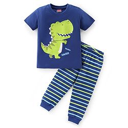 Babyhug Single Jersey Cotton Knit Half Sleeves Dino Print Night Suit - Navy Blue