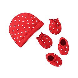 Babyhug 100% Cotton Knit Cap Mittens & Booties Set Heart Print- Red