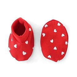 Babyhug 100% Cotton Knit Cap Mittens & Booties Set Heart Print- Red