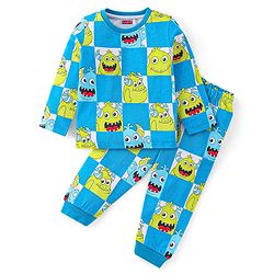 Babyhug Single Jersey Cotton Knit Full Sleeves Night Suit With Monster Print - Blue