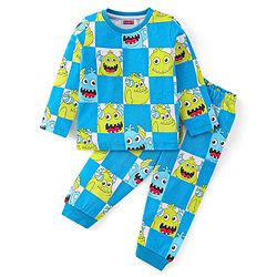 Babyhug Single Jersey Cotton Knit Full Sleeves Night Suit With Monster Print - Blue
