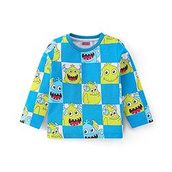 Babyhug Single Jersey Cotton Knit Full Sleeves Night Suit With Monster Print - Blue