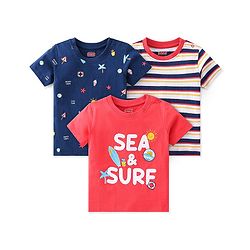 Babyhug 100% Cotton Knit Half Sleeves T-Shirts With Stripe & Beach Theme Graphics Pack of 3 - Multicolor
