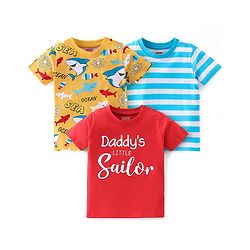 Babyhug Cotton Knit Half Sleeves T-Shirts Shark Graphic Print Pack of 3 - Red & Blue