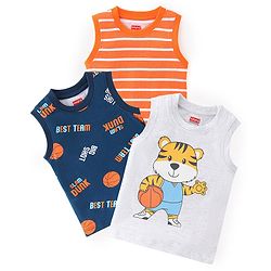 Babyhug 100% Cotton Knit Sleeveless T-Shirts with Stripe & Tiger Graphics Pack of 3 - Multicolor