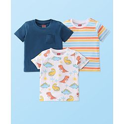 Babyhug Cotton Knit Half Sleeves T-Shirts Dino Printed & Striped Pack of 3 - Blue & White