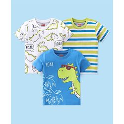Babyhug Cotton Knit Half Sleeves T-Shirt Striped &  Dino  Print- Blue Green & White