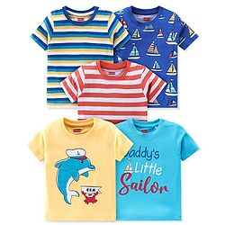Babyhug 100% Cotton Knit Half Sleeves T-Shirts With Stripe Boat & Dolphin Graphics Pack of 5 - Multicolor