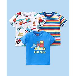Babyhug 100% Cotton Knit Half Sleeves T-Shirts With Stripe & Vehicle Graphics Pack of 3 - Blue
