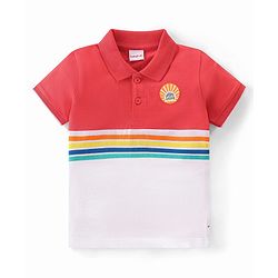 Babyhug 100% Cotton Knit Half Sleeves Polo T-Shirt with Stripe Design & Text Graphics - Red & White