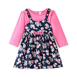 Babyhug Viscose Frock with Knit Full Sleeves Inner Tee with Floral Print & Applique - Pink & Navy Blue
