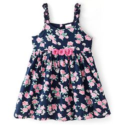 Babyhug Viscose Frock with Knit Full Sleeves Inner Tee with Floral Print & Applique - Pink & Navy Blue