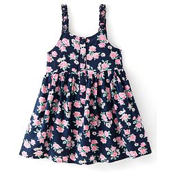 Babyhug Viscose Frock with Knit Full Sleeves Inner Tee with Floral Print & Applique - Pink & Navy Blue