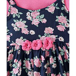 Babyhug Viscose Frock with Knit Full Sleeves Inner Tee with Floral Print & Applique - Pink & Navy Blue