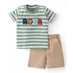 Babyhug 100% Cotton Knit Single Jersey Half Sleeves T-Shirt & Shorts With Text & Lion Embroidery - Green & Beige
