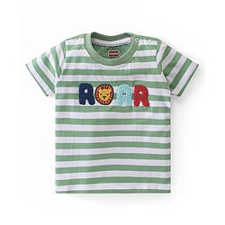 Babyhug 100% Cotton Knit Single Jersey Half Sleeves T-Shirt & Shorts With Text & Lion Embroidery - Green & Beige