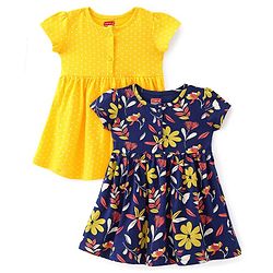 Babyhug Cotton Jersey Knit Half Sleeves Frock Floral Print Pack Of 2 - Yellow & Blue