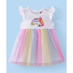 Babyhug Cotton Jersey Frill Sleeves Bird Print Frock with Mesh Detailing - Multicolour