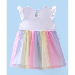 Babyhug Cotton Jersey Frill Sleeves Bird Print Frock with Mesh Detailing - Multicolour