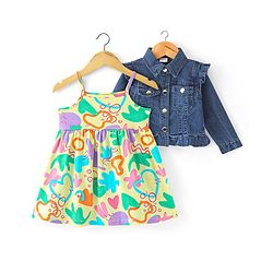 Babyhug Woven Sleeveless Frock with Denim Jacket Heart Print - Multicolour