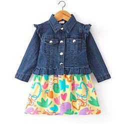 Babyhug Woven Sleeveless Frock with Denim Jacket Heart Print - Multicolour