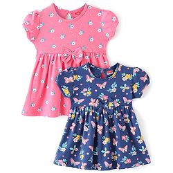 Babyhug 100% Cotton Jersey Knit Half Sleeves Frock With Floral Print Pack Of 2 - Multicolor
