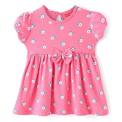 Babyhug 100% Cotton Jersey Knit Half Sleeves Frock With Floral Print Pack Of 2 - Multicolor