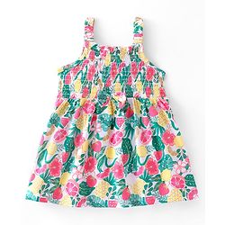 Babyhug Cotton Jersey Singet Sleeves Frock Tropical Theme Print - Multicolor