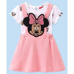 Babyhug 100% Cotton Knit Dungaree Style Frock With Inner Sleeves Inner T-Shirt Mickey Mouse Print & Embroidery -Pink & White