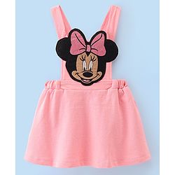 Babyhug 100% Cotton Knit Dungaree Style Frock With Inner Sleeves Inner T-Shirt Mickey Mouse Print & Embroidery -Pink & White