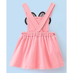 Babyhug 100% Cotton Knit Dungaree Style Frock With Inner Sleeves Inner T-Shirt Mickey Mouse Print & Embroidery -Pink & White