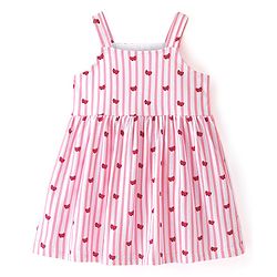 Babyhug 100% Cotton Knit Strap Shoulder Striped Frock with Shrug - Pink & Red