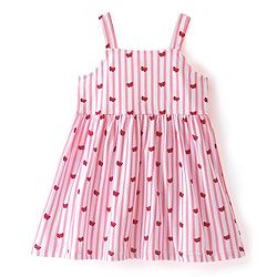 Babyhug 100% Cotton Knit Strap Shoulder Striped Frock with Shrug - Pink & Red