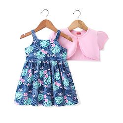 Babyhug 100% Cotton Knit Strap Shoulder Floral Printed Frock with Shrug - Multucolor