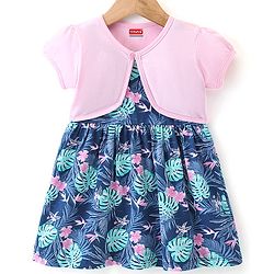 Babyhug 100% Cotton Knit Strap Shoulder Floral Printed Frock with Shrug - Multucolor