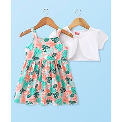 Babyhug 100% Cotton Knit Strap Shoulder Frock & Half Sleeves Shrug with Tropical Print - White & Green