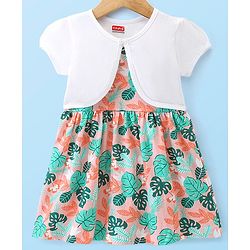 Babyhug 100% Cotton Knit Strap Shoulder Frock & Half Sleeves Shrug with Tropical Print - White & Green