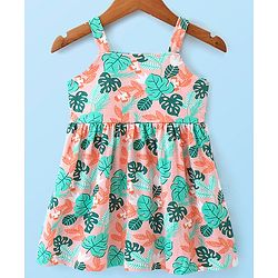 Babyhug 100% Cotton Knit Strap Shoulder Frock & Half Sleeves Shrug with Tropical Print - White & Green