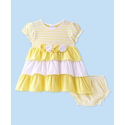 Babyhug 100% Cotton Jersey Knit Half Sleeves Flower Applique Striped Frock with Bloomer- Yellow