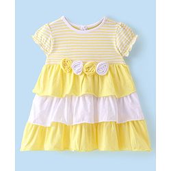 Babyhug 100% Cotton Jersey Knit Half Sleeves Flower Applique Striped Frock with Bloomer- Yellow